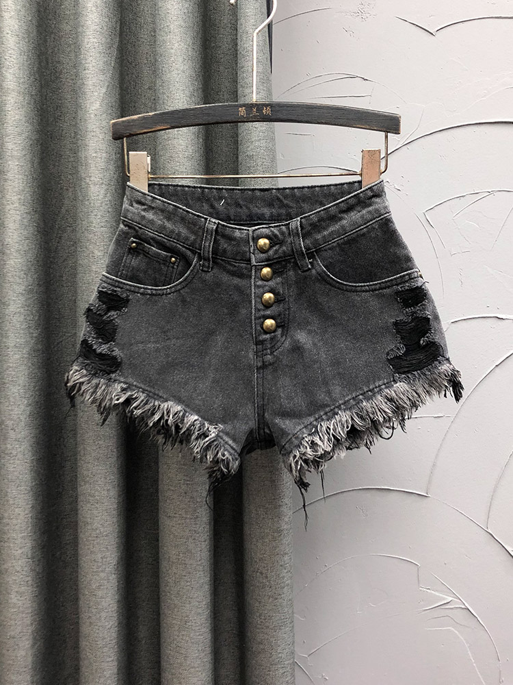 ギャルファッション 前開きダメージフリンジショートパンツ