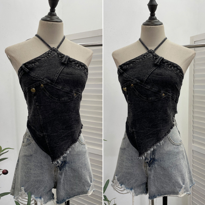 ギャルファッション デニムホルターネックトップス ダメージ加工 ギャル系