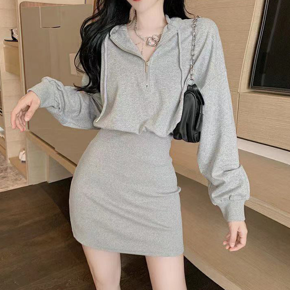 ギャルファッション フード付きジップワンピース長袖タイト