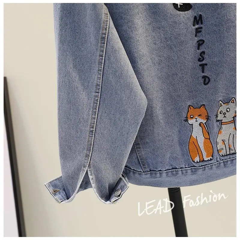 ギャルファッション 猫ちゃん刺繍フード付きデニムジャケット
