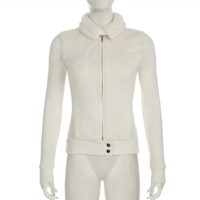 ギャルファッション ファー付きリブニットジップアップジャケット アウター