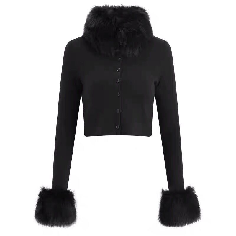 ギャルファッション ふわふわファー付き長袖ニットカーディガン