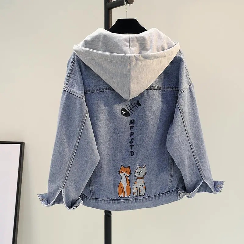 ギャルファッション 猫ちゃん刺繍フード付きデニムジャケット