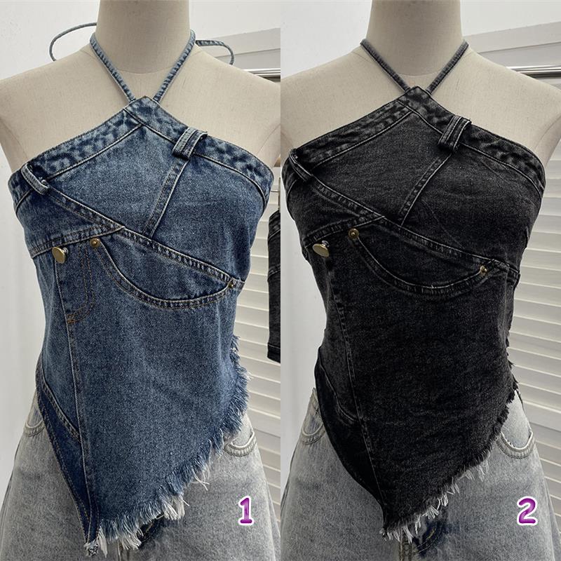 ギャルファッション デニムホルターネックトップス ダメージ加工 ギャル系