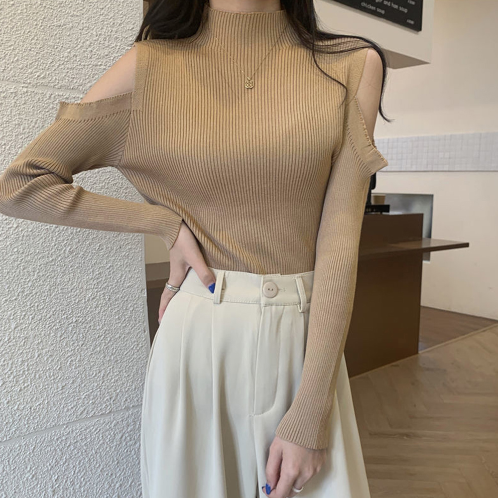 ギャルファッション 肩だしハイネックリブニットトップス