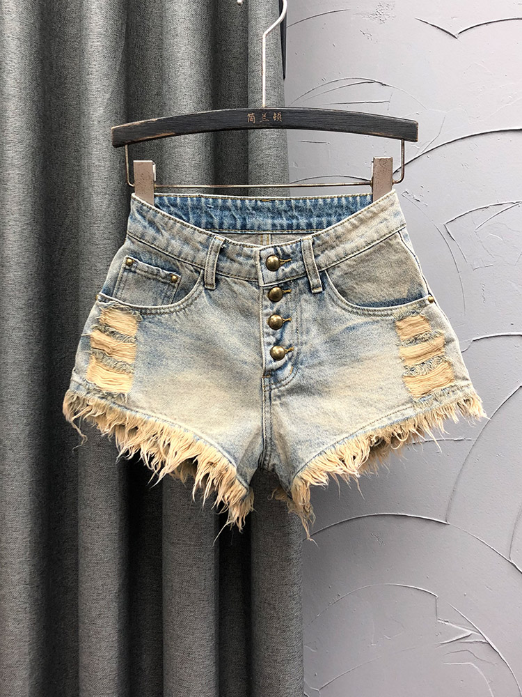 ギャルファッション 前開きダメージフリンジショートパンツ