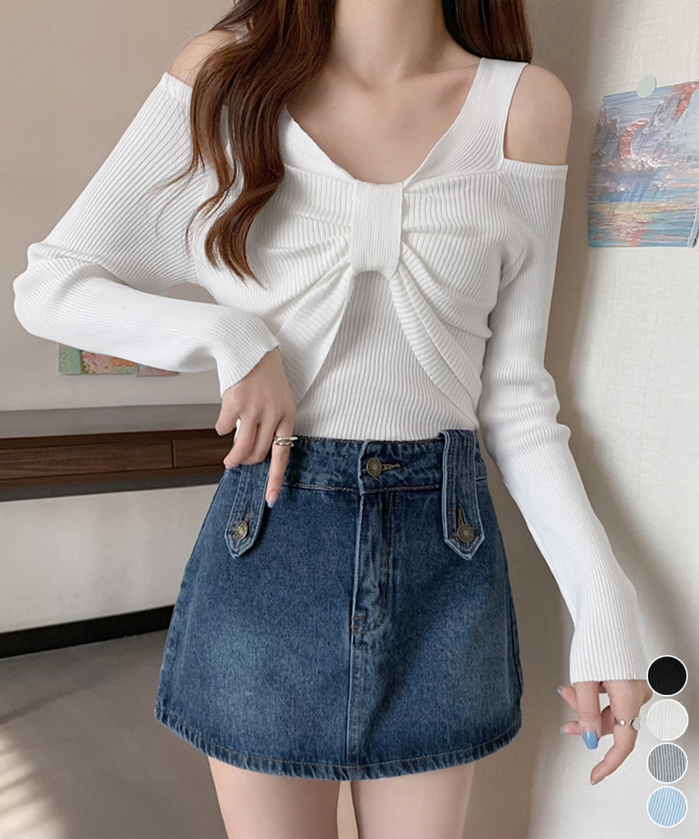ギャルファッション フロントリボン肩出しリブニットトップス