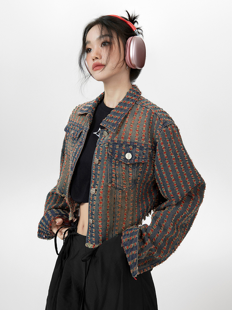 ギャルファッション アウター ストライプ織り模様ショートジャケット