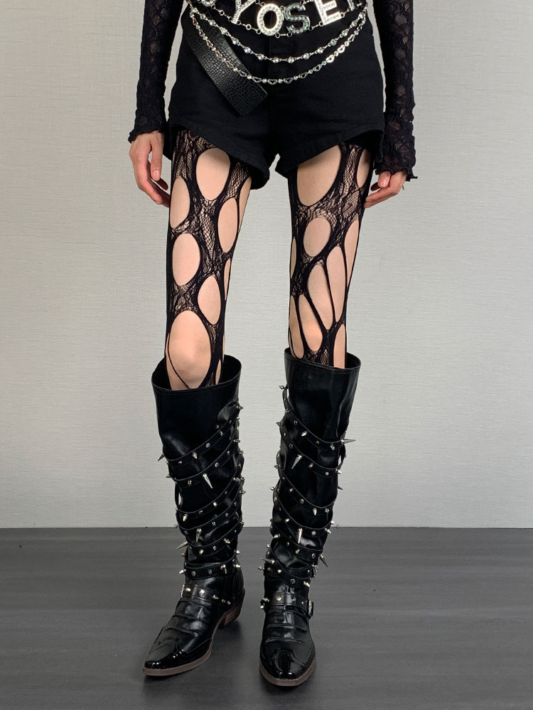 ギャルファッション ゴシック風大胆破れ模様網タイツ