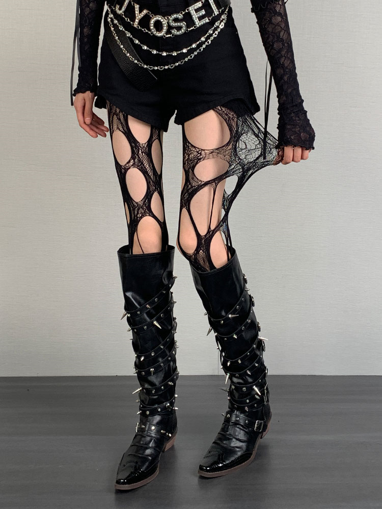 ギャルファッション ゴシック風大胆破れ模様網タイツ