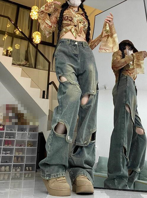 ギャルファッション ギャル系ダメージ加工ワイドデニムパンツ