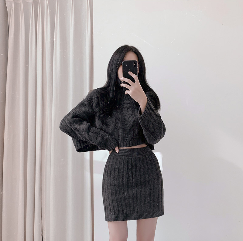 ギャルファッション 冬の韓国風ケーブルニットセーター・タイトスカートセット セットアップ