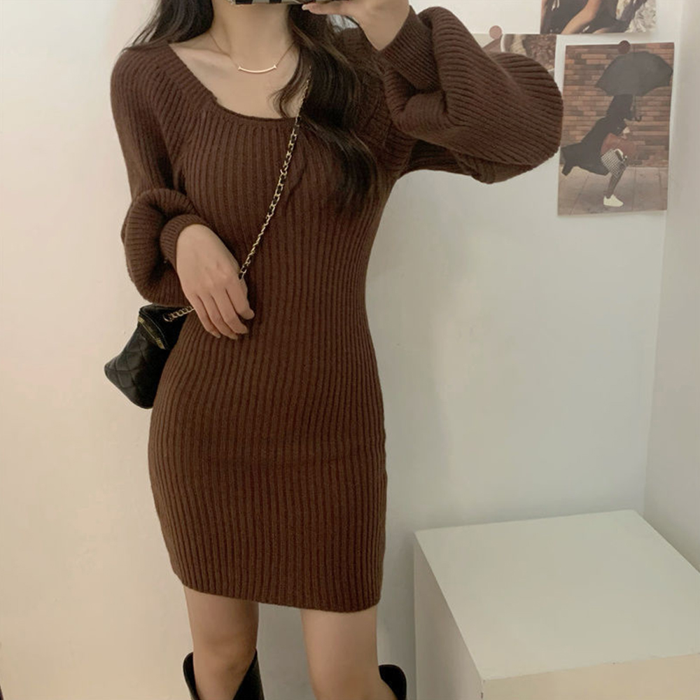 ギャルファッション リブニットワンピース 韓国風 長袖ミニワンピ