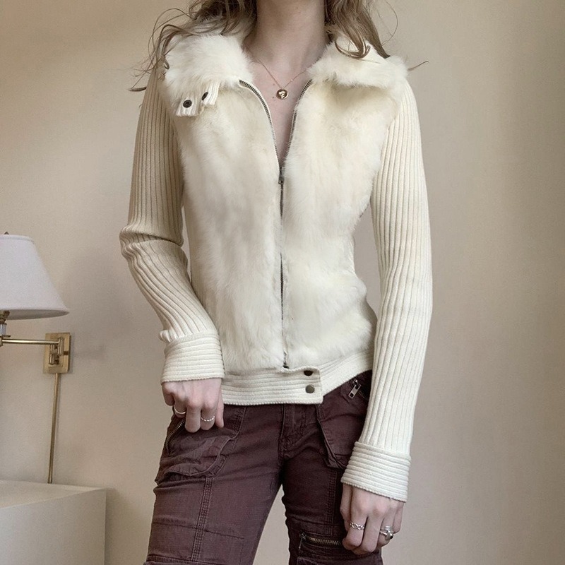 ギャルファッション ファー付きリブニットジップアップジャケット アウター