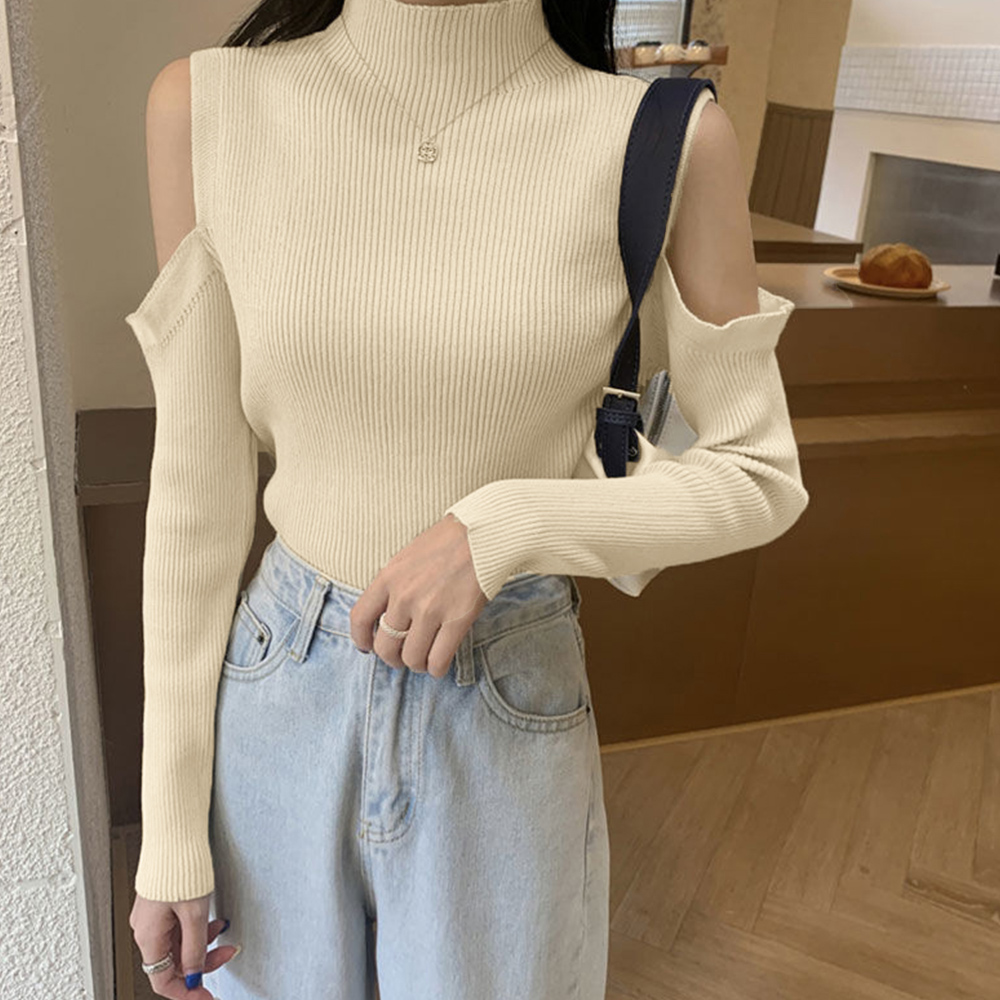 ギャルファッション 肩だしハイネックリブニットトップス