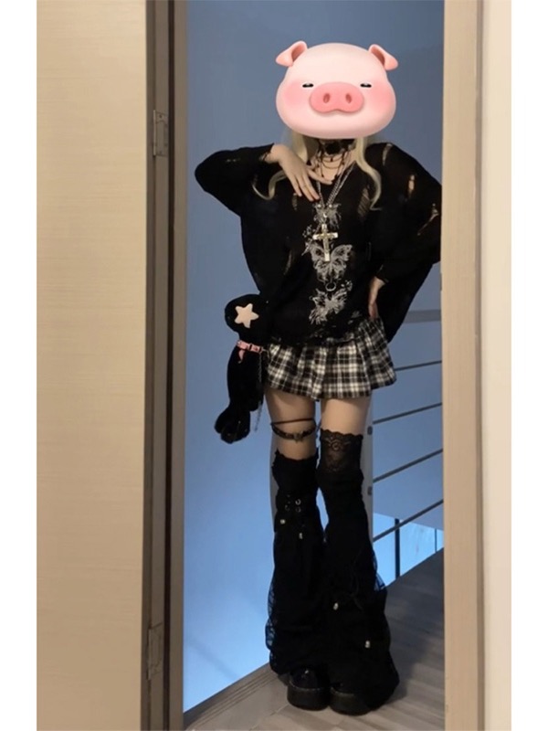 ギャルファッション 黒蝶々透かし編みゆったりニットトップス