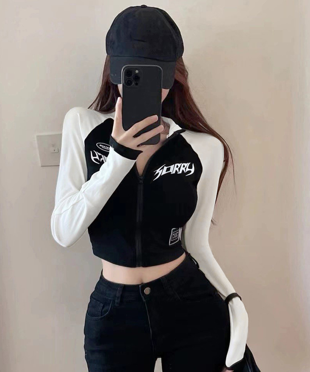 ギャルファッション ロゴプリント ジップアップ ショート丈トップス スウェット