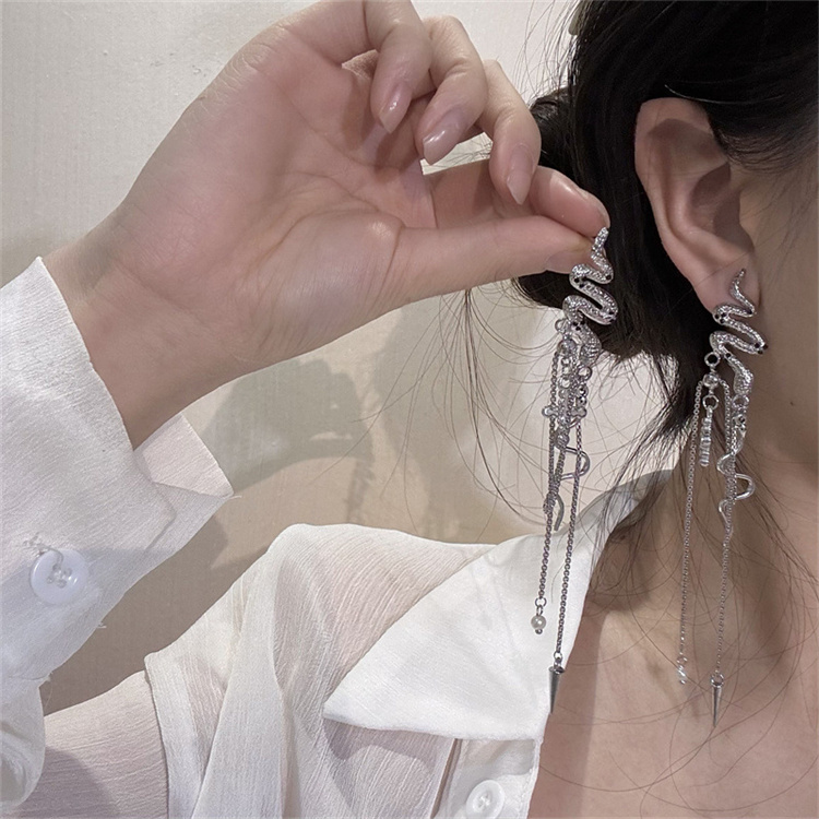 ギャルファッション 洗練された蛇モチーフロング揺れピアス