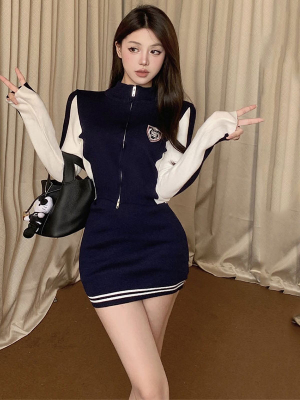 ギャルファッション バイカラー切替ジップアップジャケット