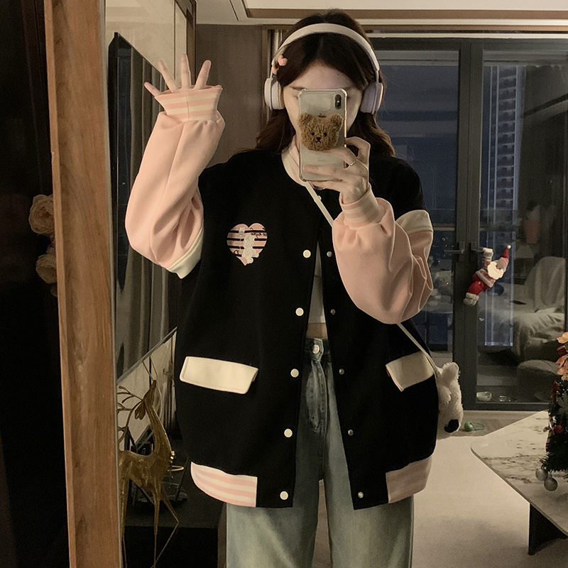 ギャルファッション 甘辛配色バイカラースタジャン風ジャケット