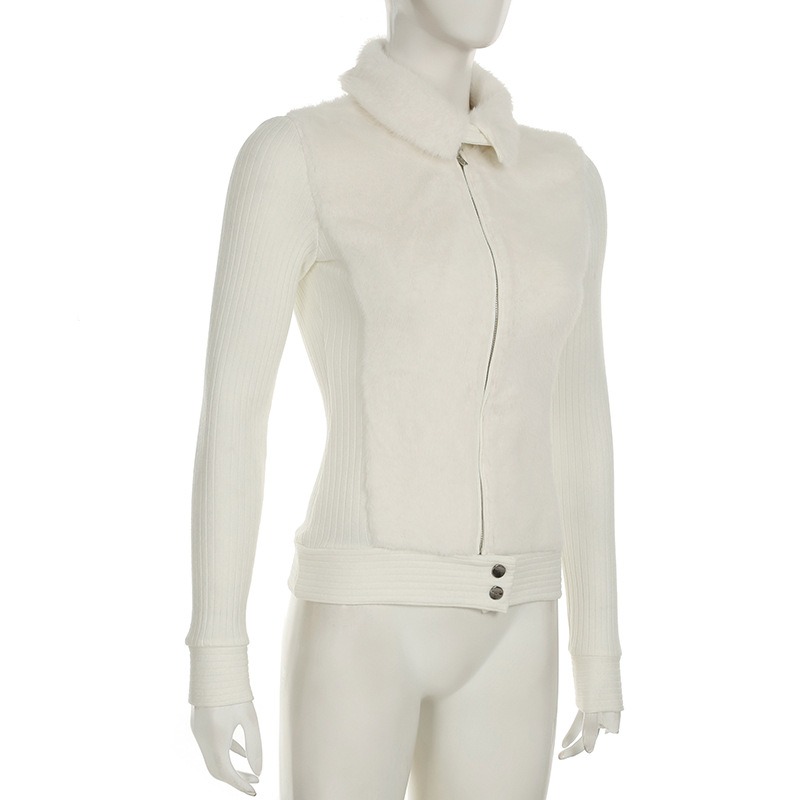 ギャルファッション ファー付きリブニットジップアップジャケット アウター