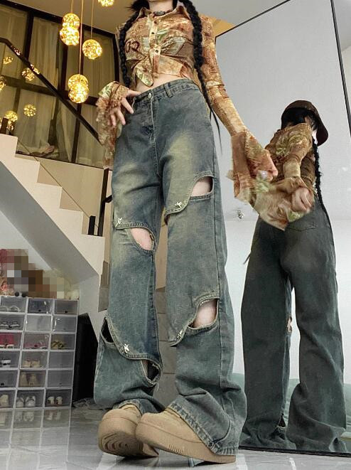 ギャルファッション ギャル系ダメージ加工ワイドデニムパンツ