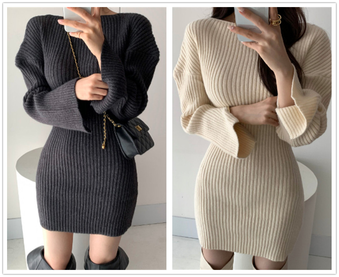 ギャルファッション リブニットワンピース ミニ丈 韓国風 ボディラインが美しい