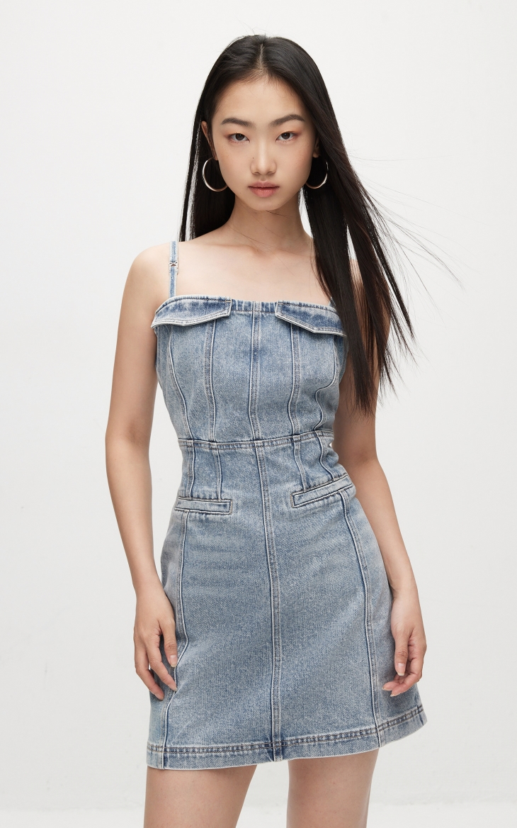 ギャルファッション ワンピース 肩紐細めデニムミニワンピース
