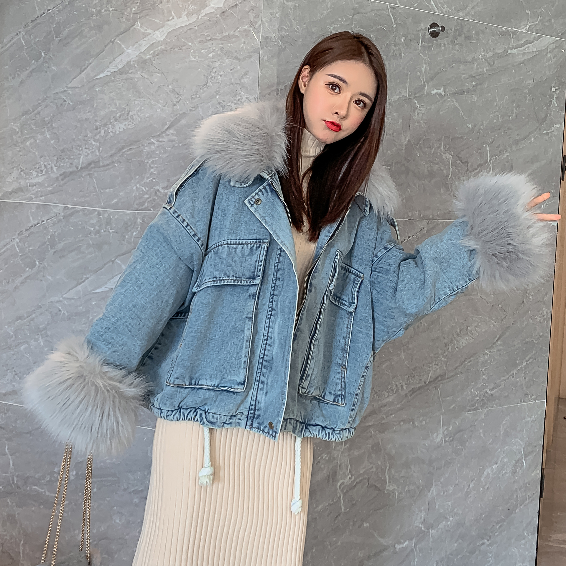 ギャルファッション 豪華ファー付きデニムジャケット　アウター