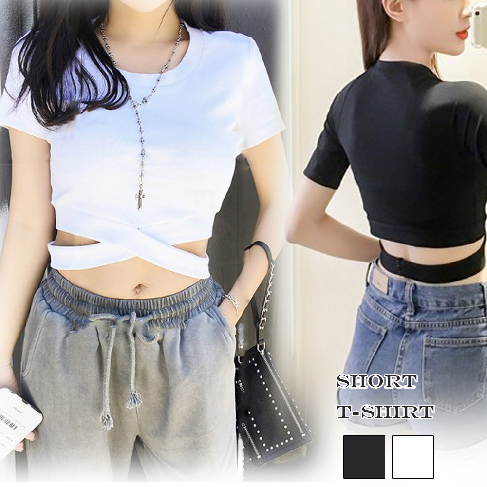 ギャルファッション へそ出しショート丈半袖無地カットソー