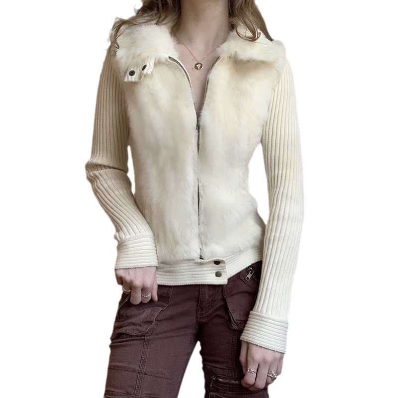 ギャルファッション ファー付きリブニットジップアップジャケット アウター