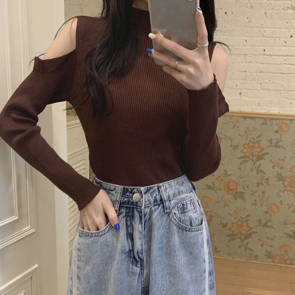 ギャルファッション 肩だしハイネックリブニットトップス