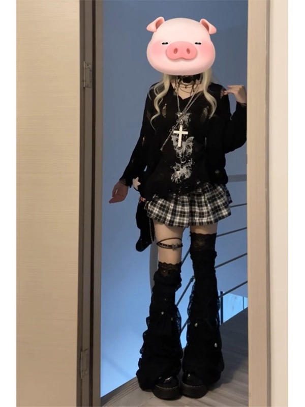 ギャルファッション 黒蝶々透かし編みゆったりニットトップス