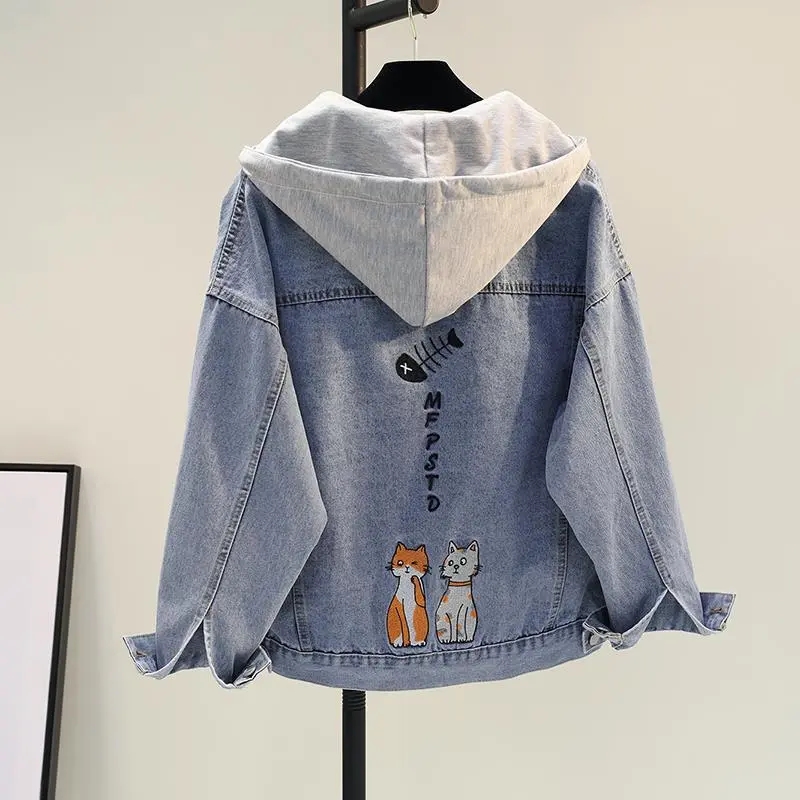 ギャルファッション 猫ちゃん刺繍フード付きデニムジャケット