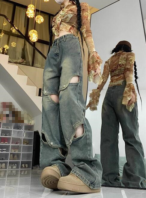 ギャルファッション ギャル系ダメージ加工ワイドデニムパンツ