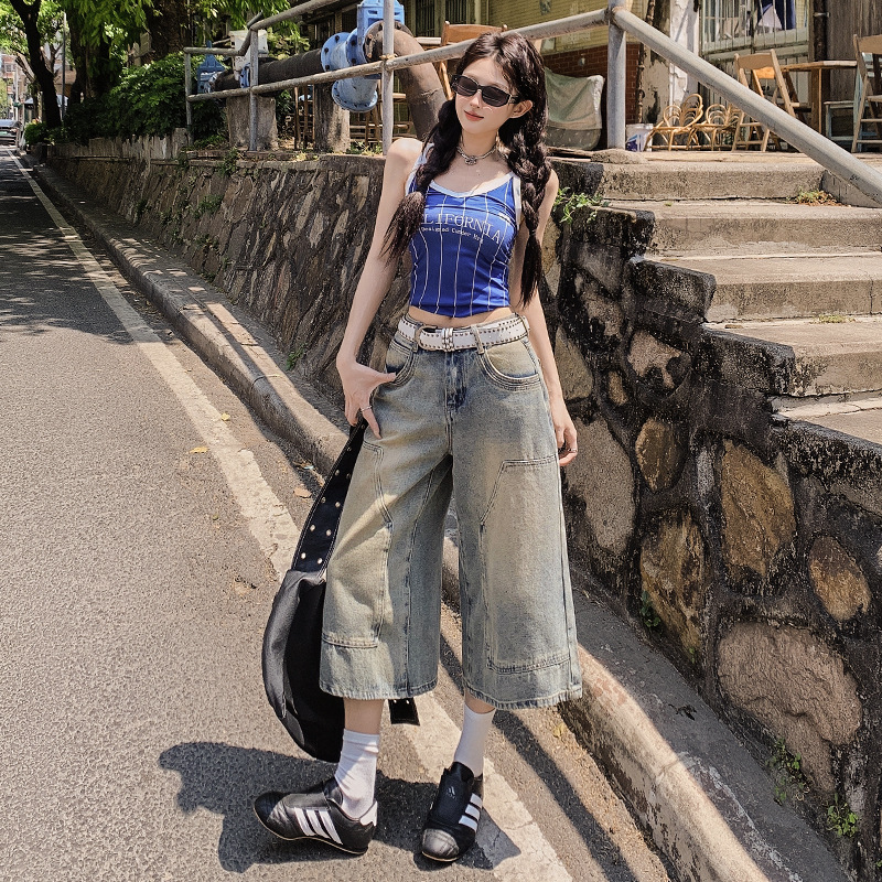 ギャルファッション ジーンズ ゆったりワイドデニムパンツ