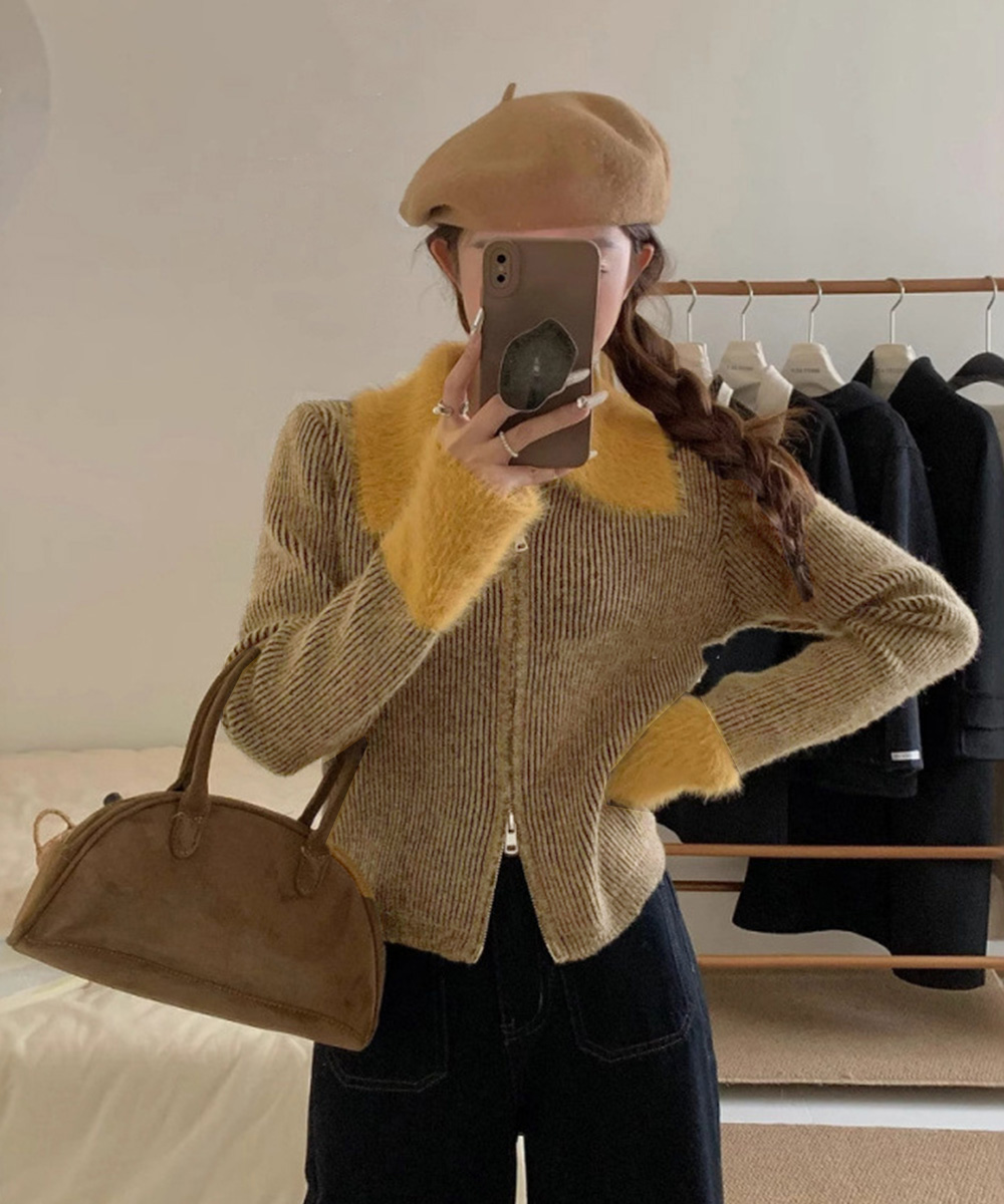 ギャルファッション ファー袖口ダブルジップニットカーディガン