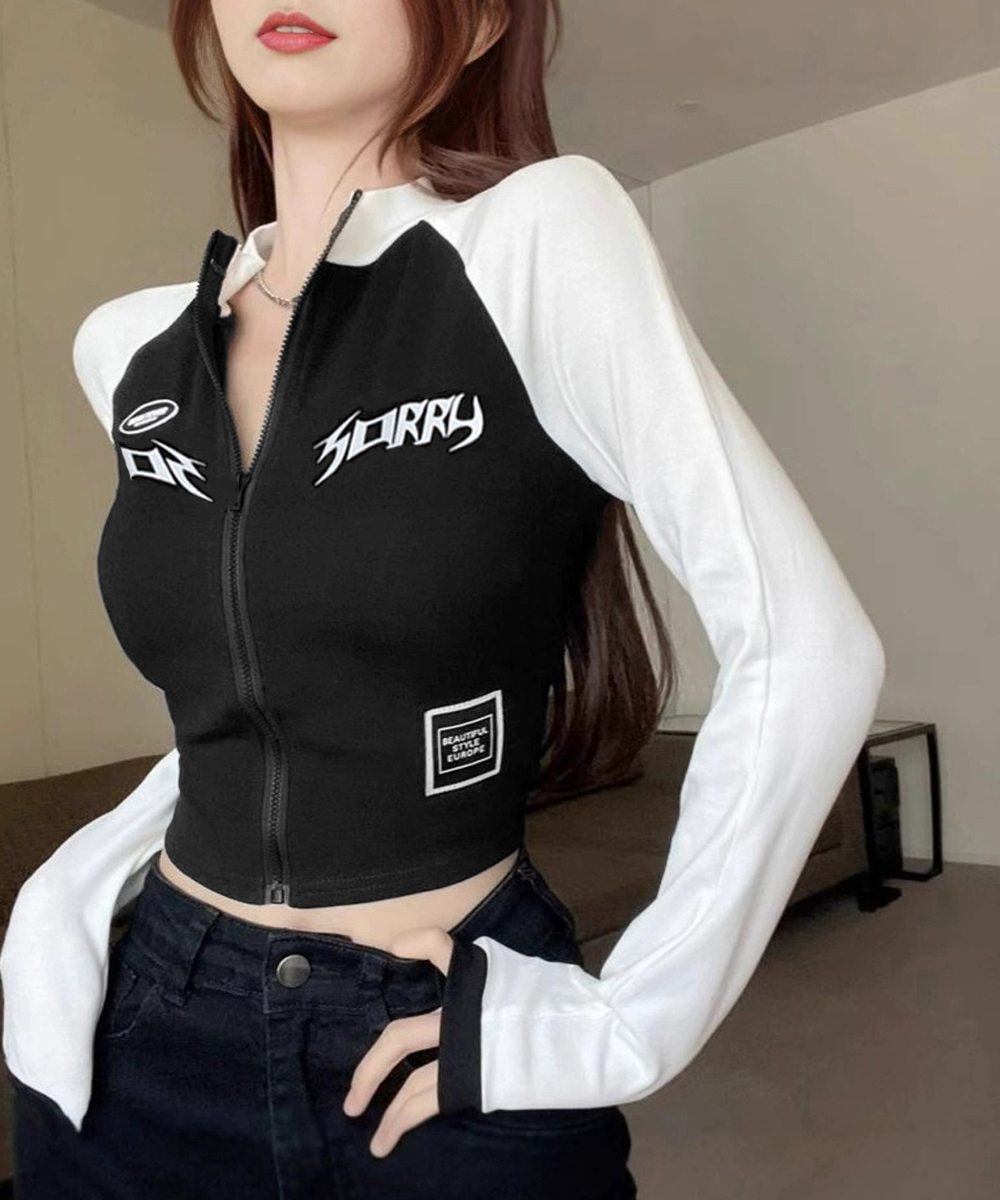 ギャルファッション ロゴプリント ジップアップ ショート丈トップス スウェット