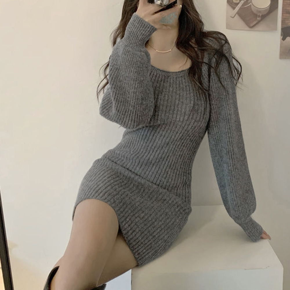 ギャルファッション リブニットワンピース 韓国風 長袖ミニワンピ