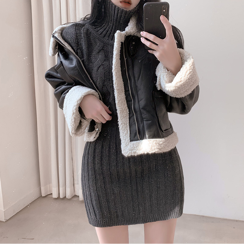 ギャルファッション 冬の韓国風ケーブルニットセーター・タイトスカートセット セットアップ
