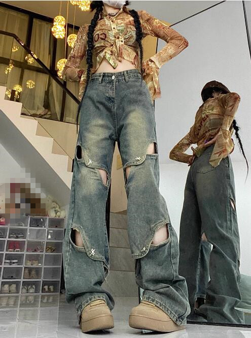 ギャルファッション ギャル系ダメージ加工ワイドデニムパンツ