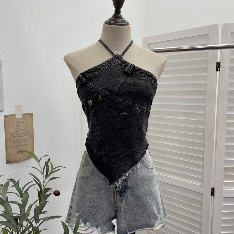 ギャルファッション デニムホルターネックトップス ダメージ加工 ギャル系