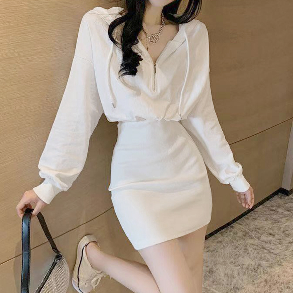 ギャルファッション フード付きジップワンピース長袖タイト