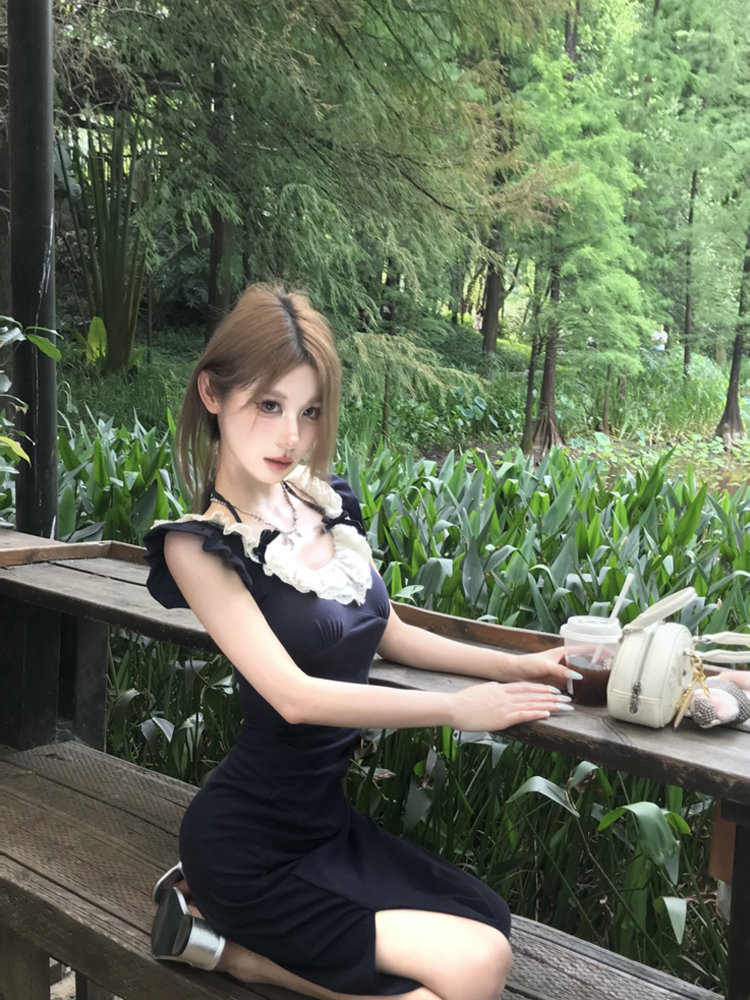 ギャルファッション ワンピース レース襟フリルワンピース