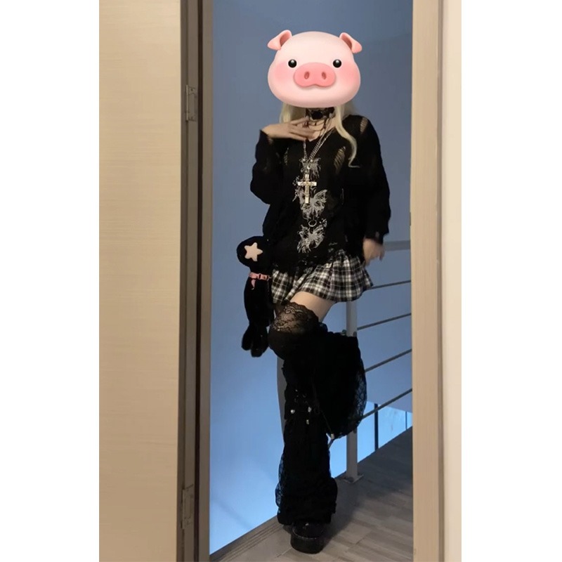 ギャルファッション 黒蝶々透かし編みゆったりニットトップス