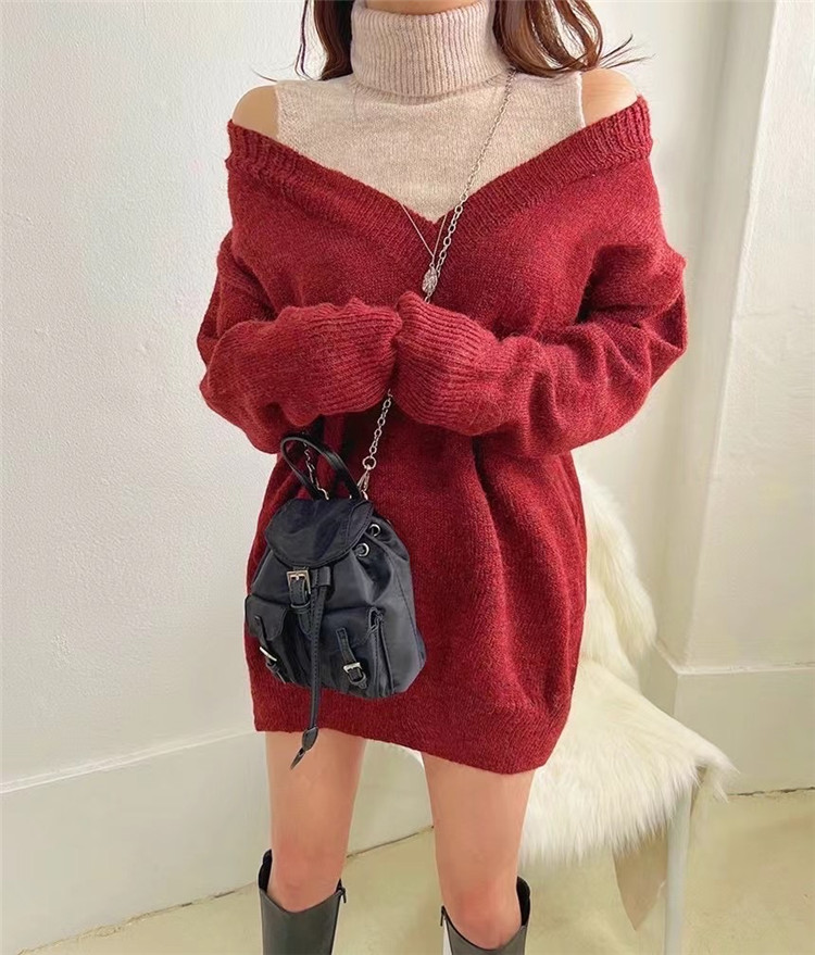 ギャルファッション タートルネック重ね着風ニットワンピース