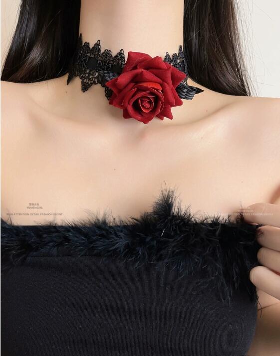 ギャルファッション 黒レース薔薇チョーカー 暗黒系セクシー首飾り