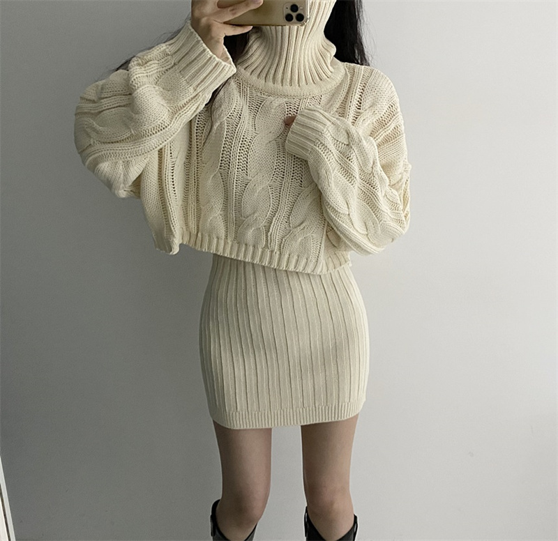 ギャルファッション 冬の韓国風ケーブルニットセーター・タイトスカートセット セットアップ