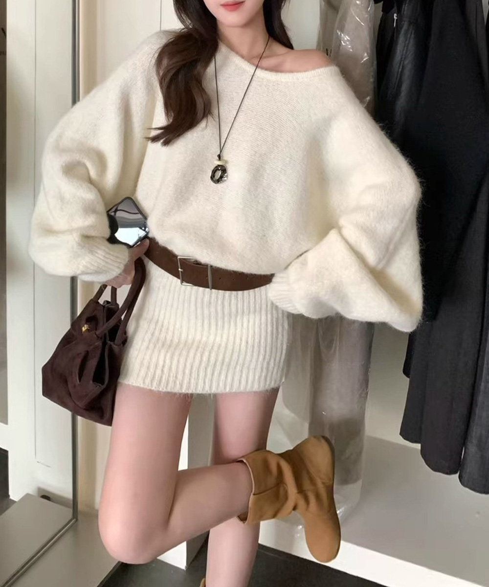 ギャルファッション ベルト付きオフショルダーニットワンピース