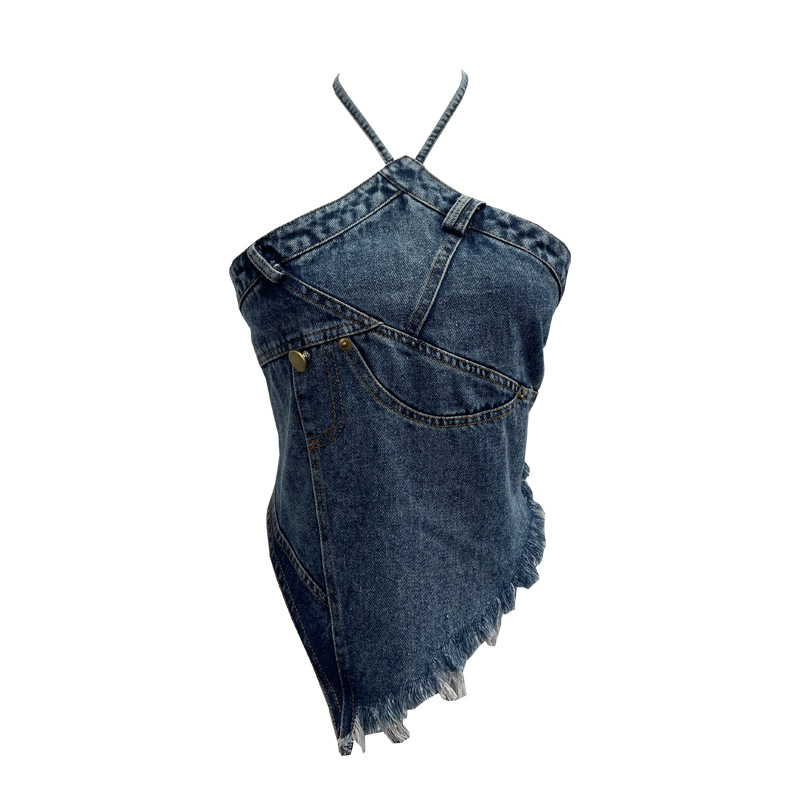 ギャルファッション デニムホルターネックトップス ダメージ加工 ギャル系